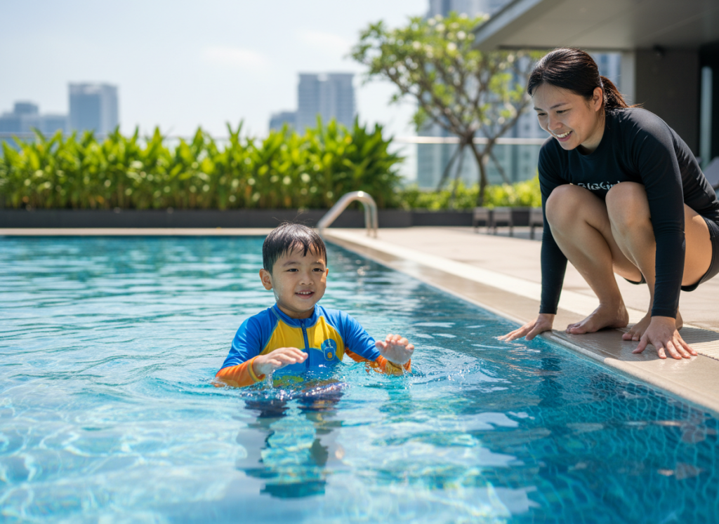 SwimSafer 2027 Singapore – child treading water during a swimming skills assessment while an instructor observes